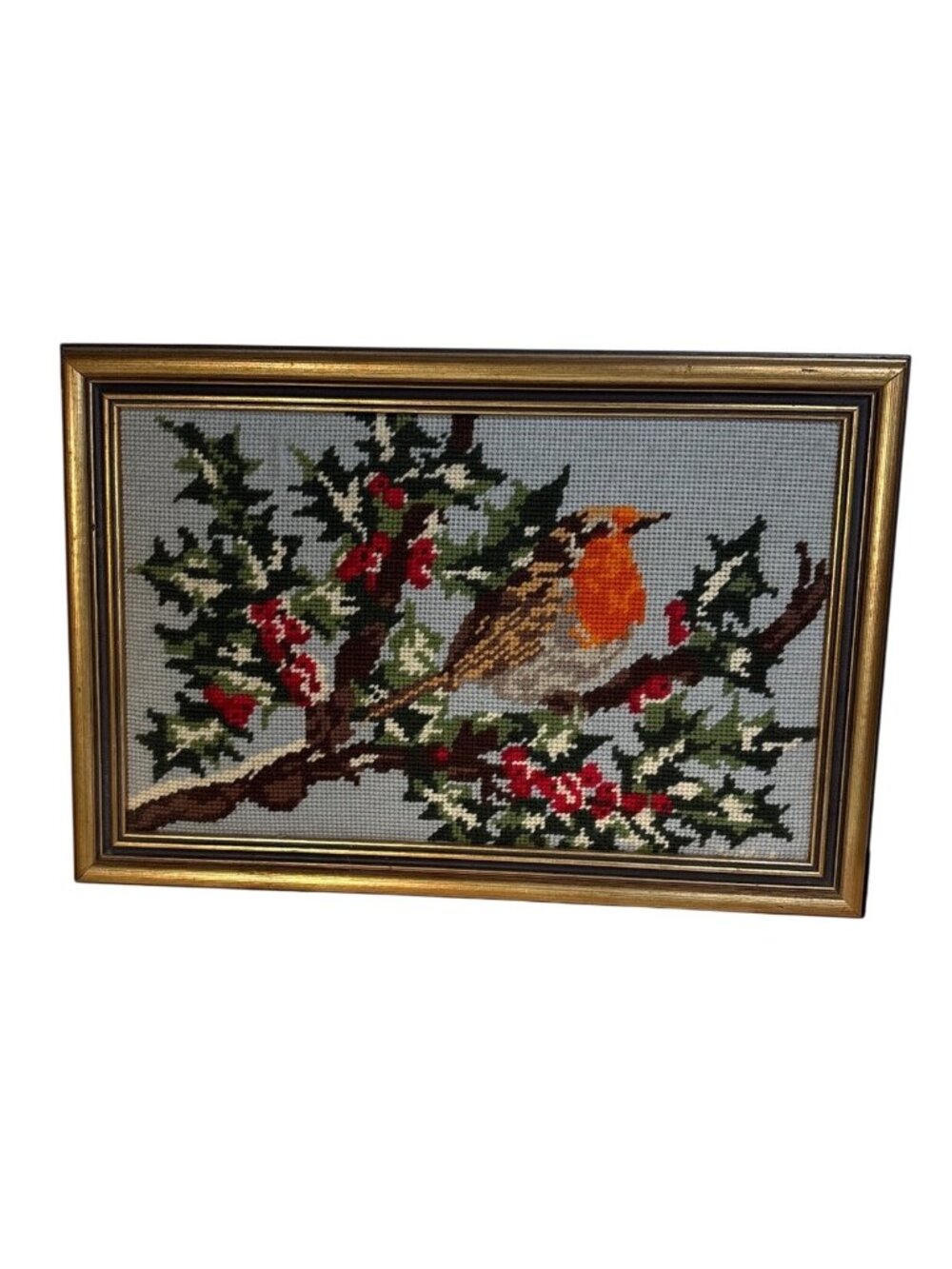 Framed Cross Stitch Robin On Holly Branch Artwork 16x11" In Gold-Tone Wood Frame